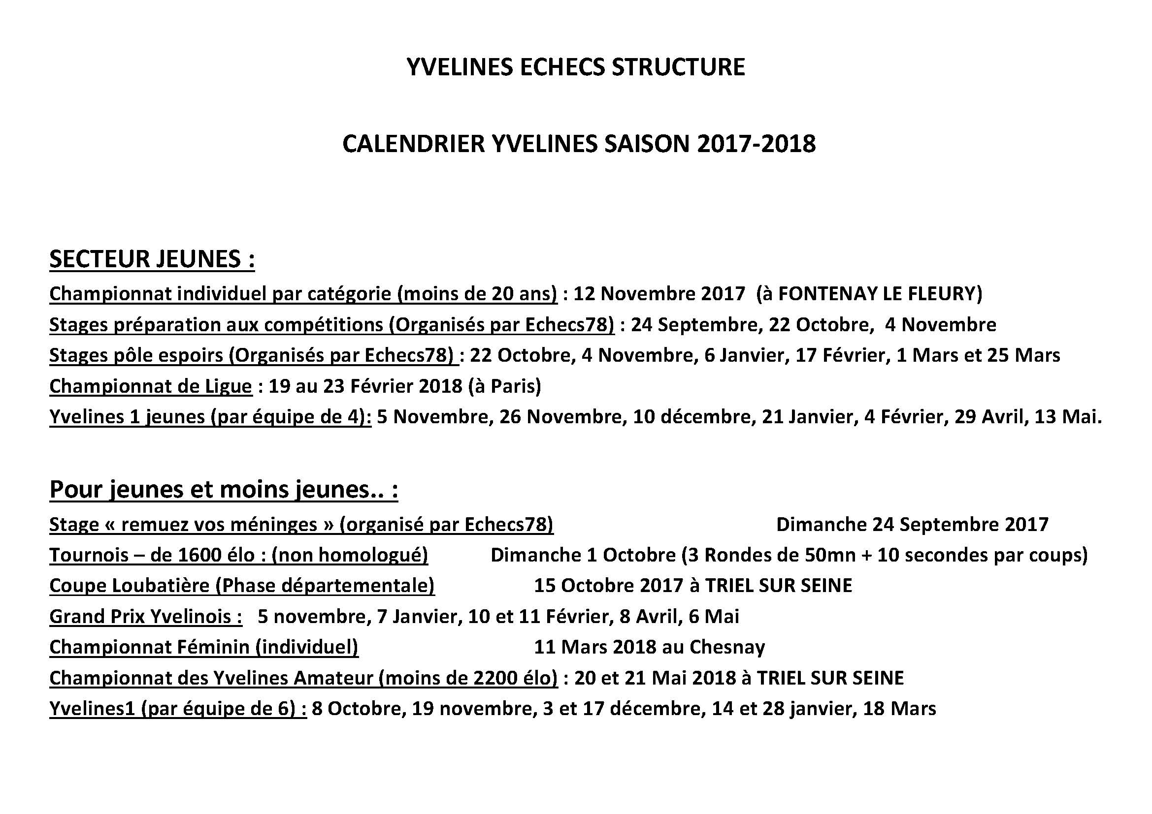 calendrier YES saison 2017-2018